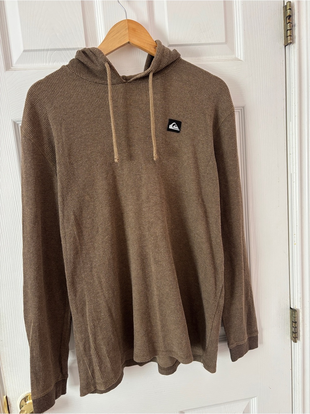 Quiksilver Men L Waffle Knit Thermal Hoodie Sweatshirt Brown Surf Y2K Vintage
